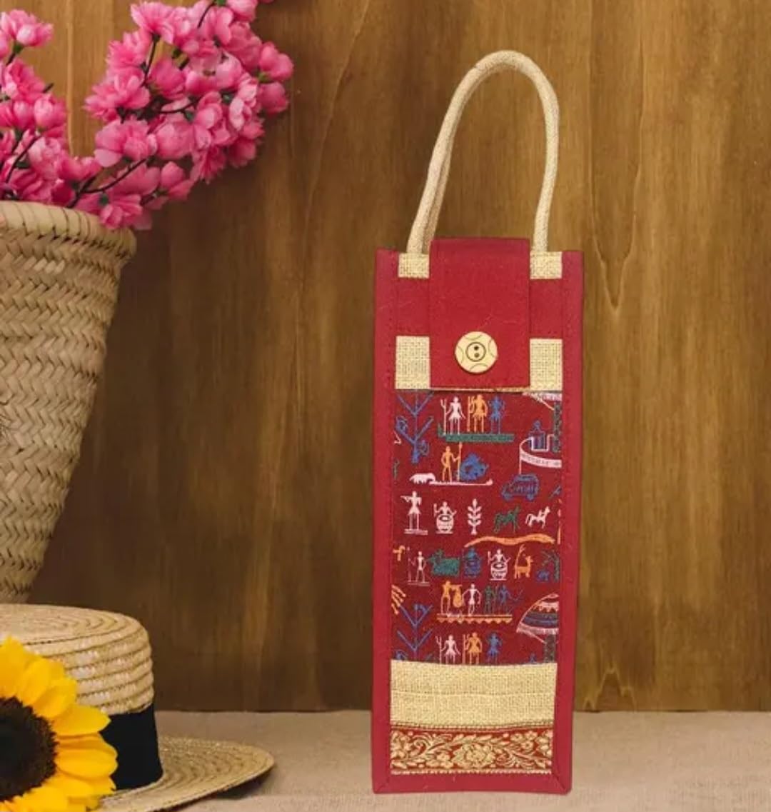 Jute Wine Bottle Bag, Red, Warli Art Print, Button Closure, Rope Handle, Gift Tote