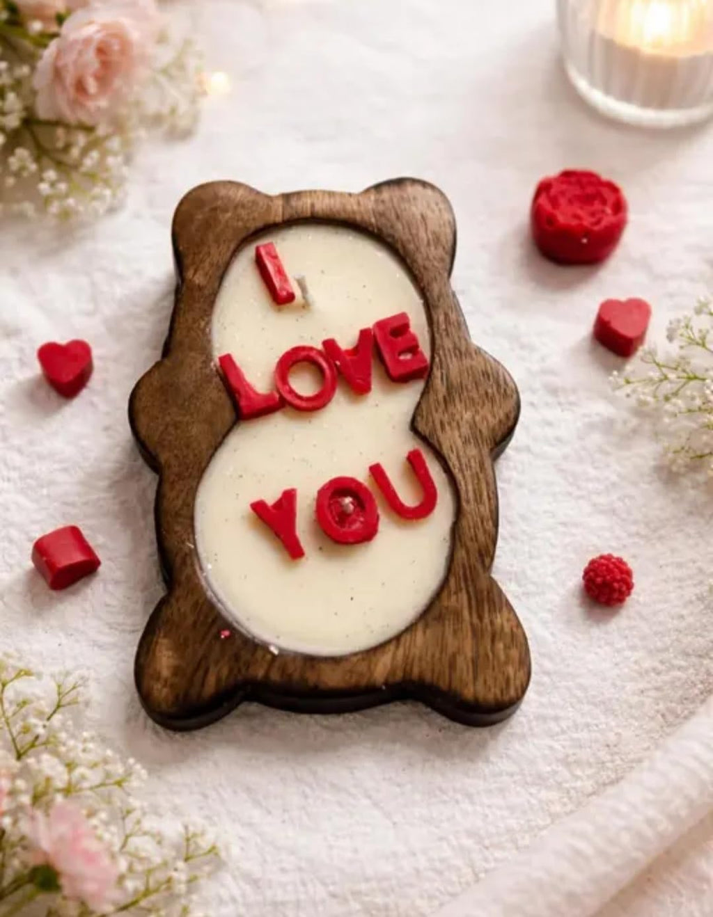 Wooden Serving Tray with I Love You Message, Decorative Candle Holder, Romantic Gift, Valentine's Day Theme