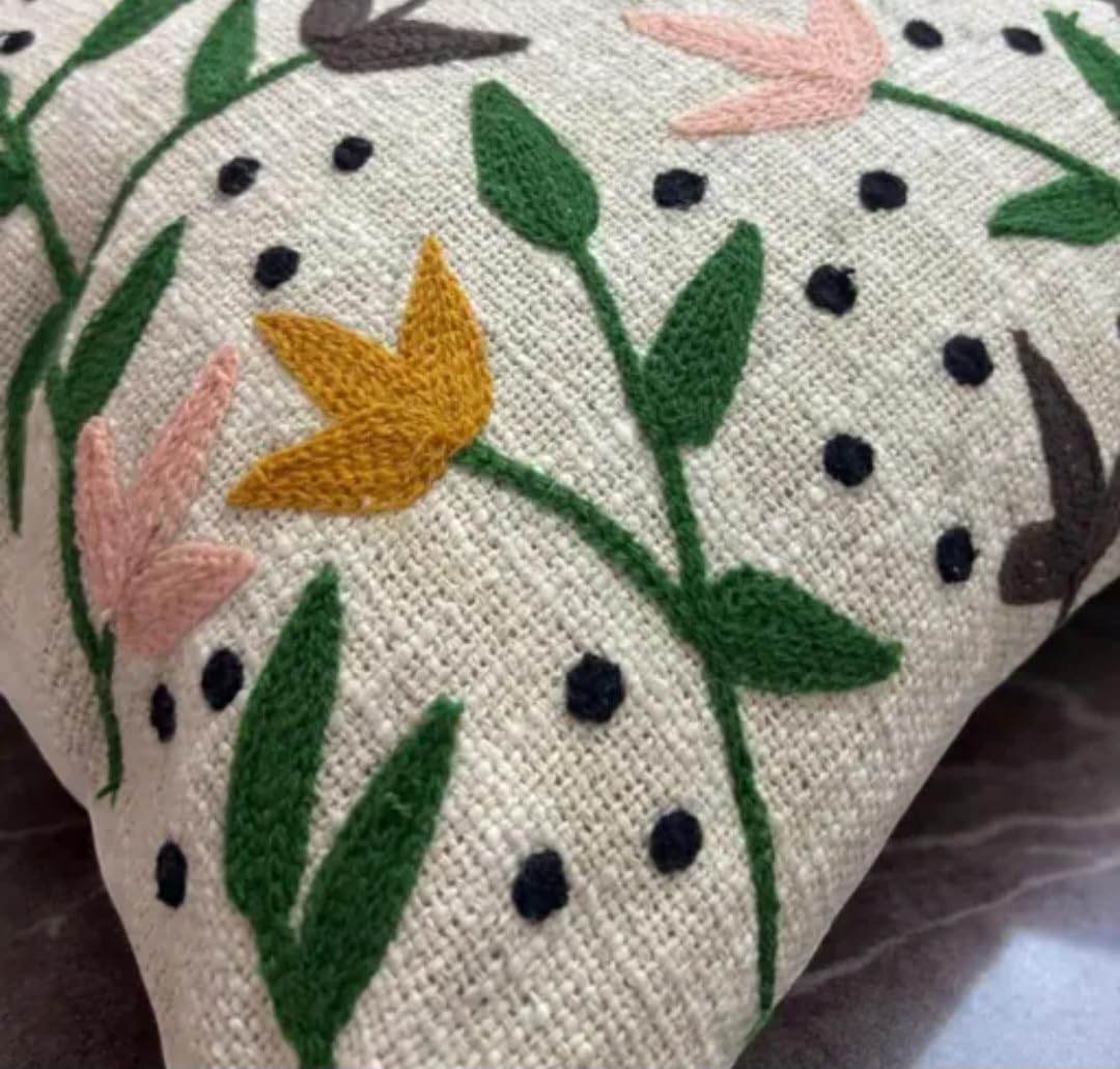 Floral Handmade Throw Pillow Cover, Botanical Print, Green Pink Yellow, Linen-Look Fabric, Decorative Cushion for Sofa