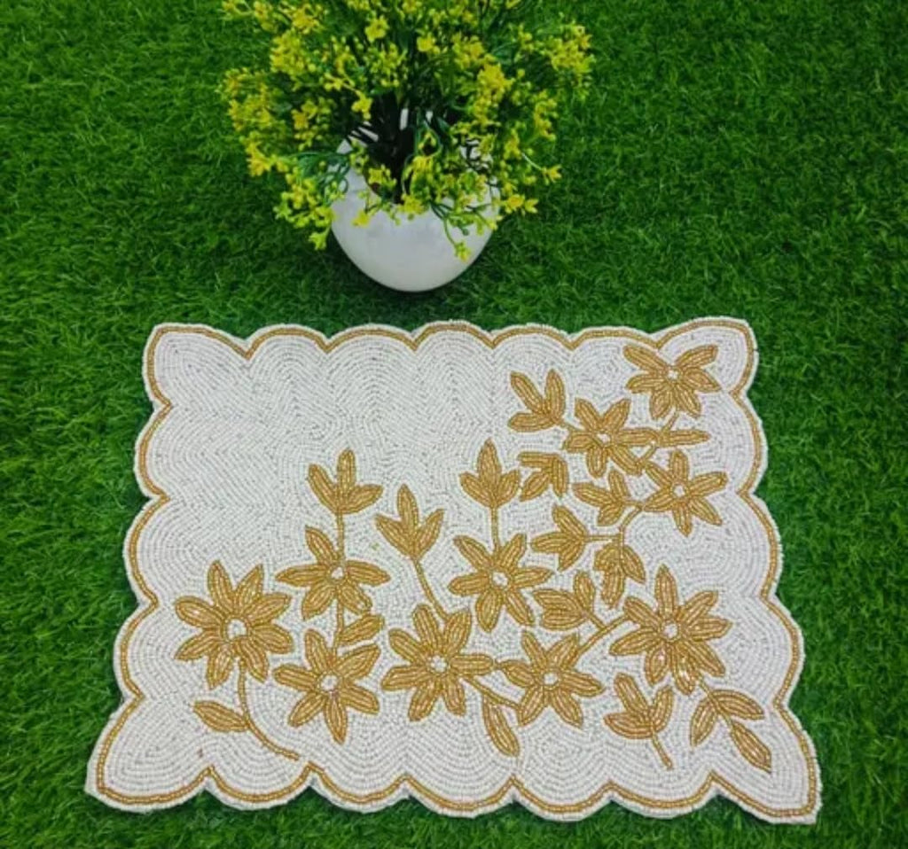 Beaded Placemat with Gold Floral Design, White, Scalloped Edge, Decorative Table Accent