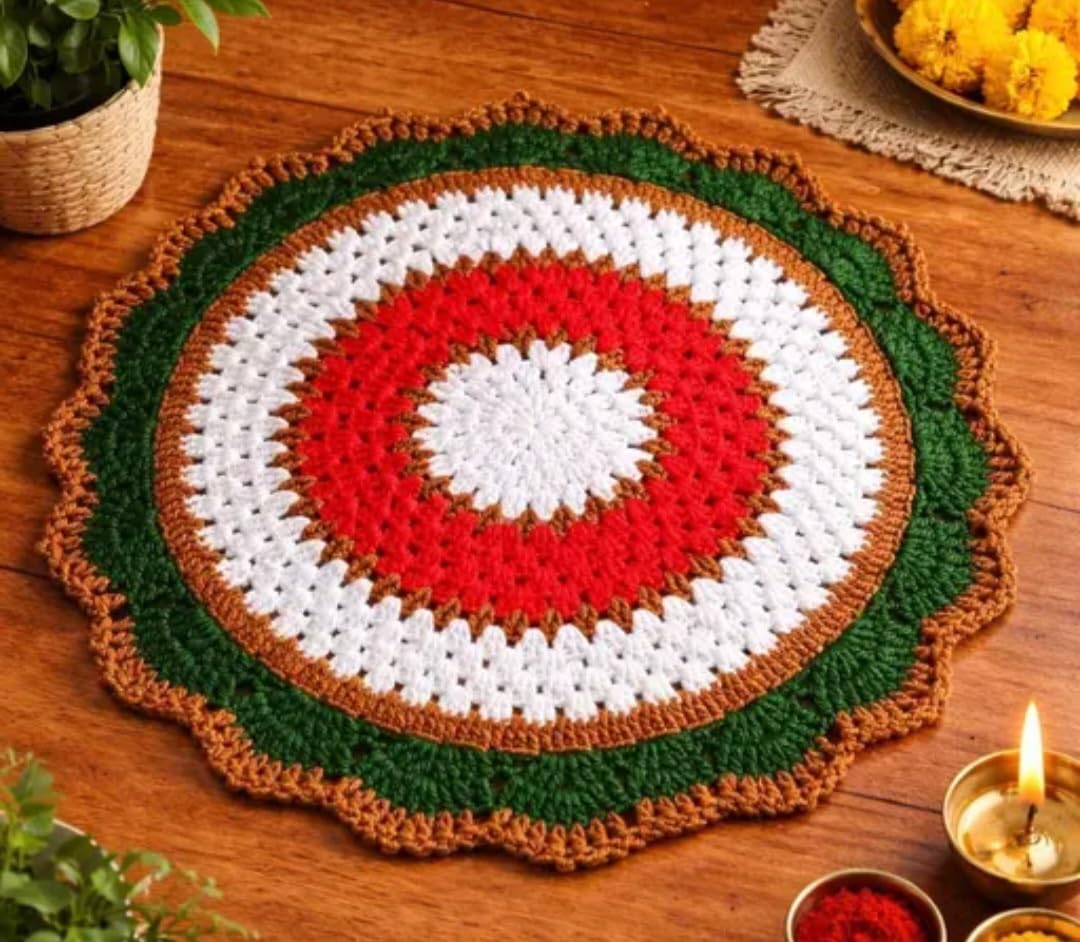 Handmade Crochet Pooja Thalposh, Floral Pattern with Tassels