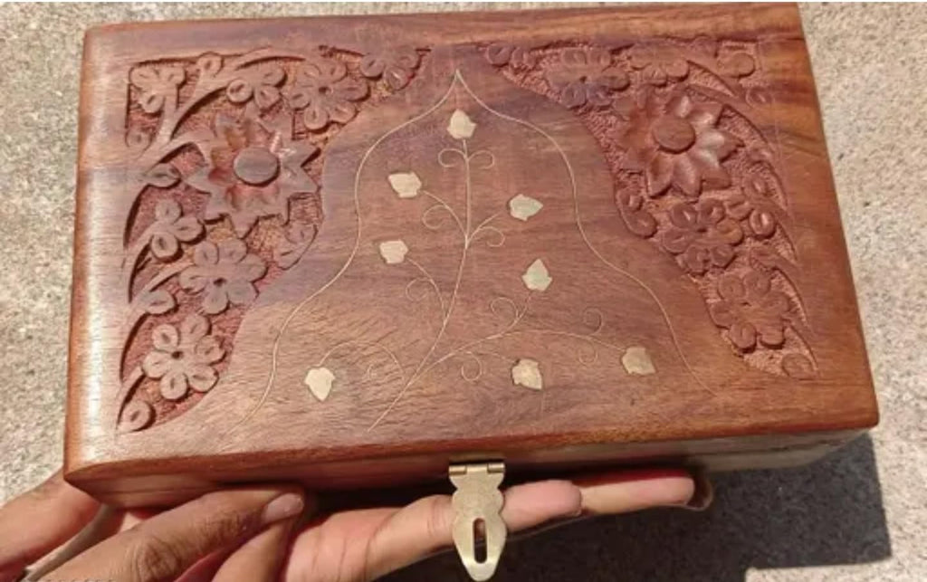 Handcrafted Wooden Jewelry Box with Floral Carved Design, Brown Sheesham Wood, Brass Latch, Traditional Indian Style Storage Box