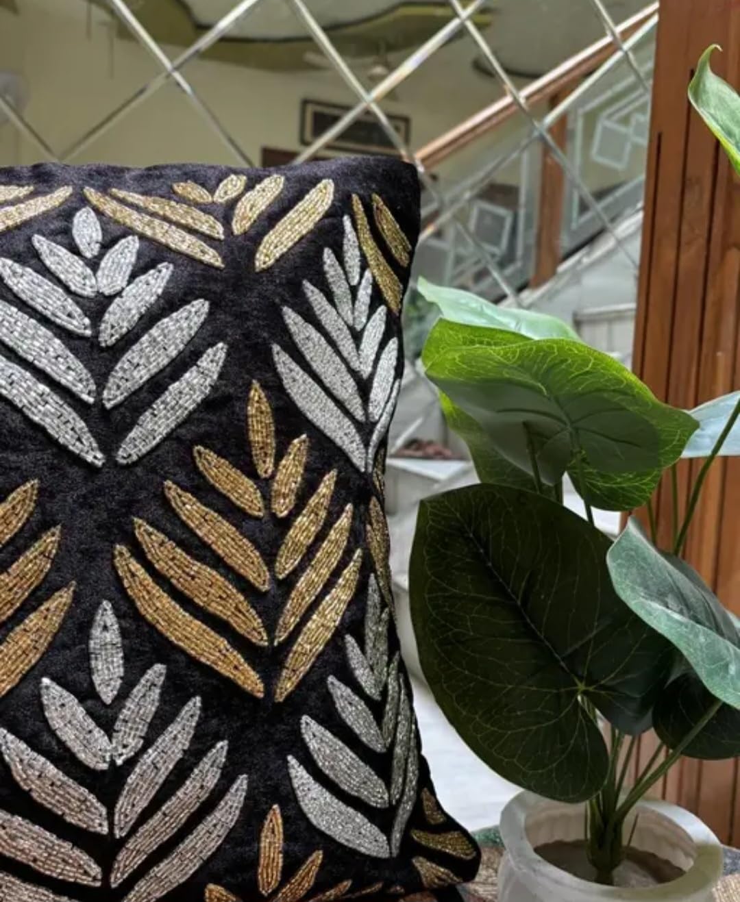 Black Velvet Throw Pillow Cover with Gold and Silver Leaf Embroidery, Decorative Cushion Cover