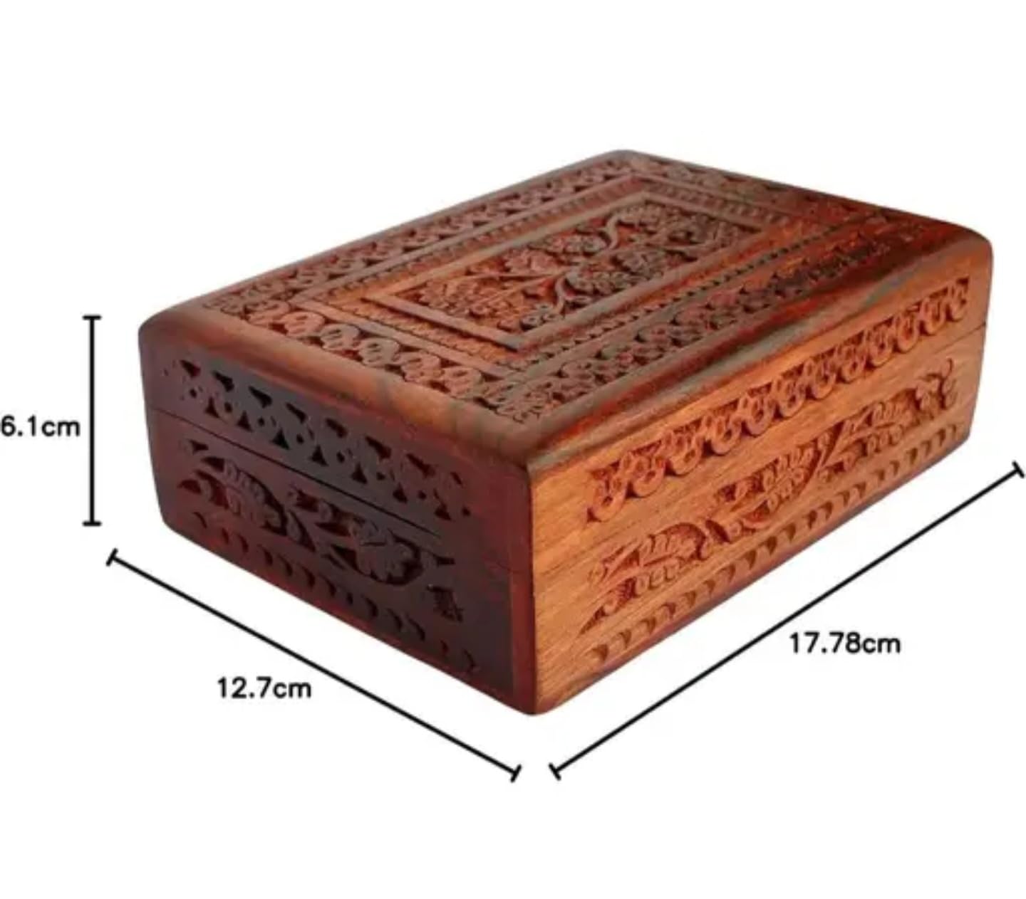 Handcrafted Wooden Jewelry Box, Brown, Decorative Carved Design, Traditional Storage Case with Intricate Floral Pattern
