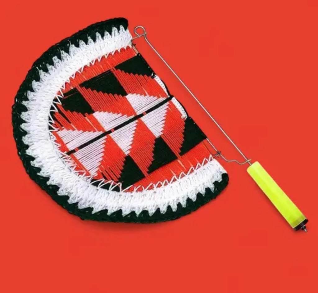 Handmade Traditional Wool Fan, Black and Red Geometric Pattern, White Fringe Trim, Neon Handle
