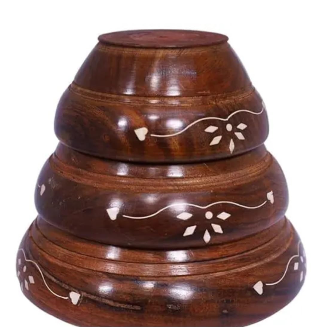 Wooden Serving Bowls Set of 3, Brown Natural Wood Finish, Round Nesting Bowls