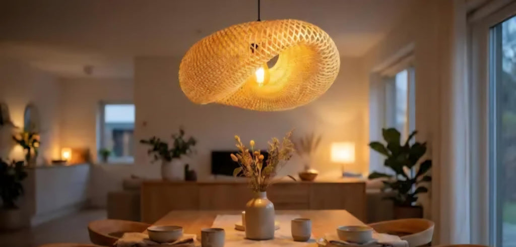 Handwoven Bamboo Pendant Light, Natural Beige, Oval Shape, Modern Bohemian Style, Ceiling Fixture