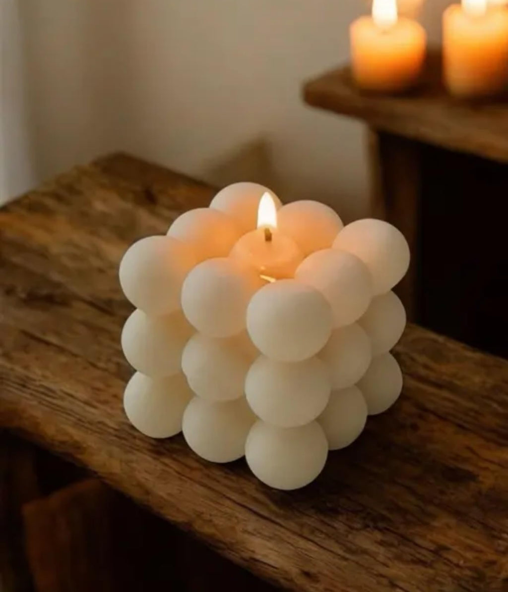 Bubble Cube Decorative Candle Set, Orange and White, Modern Design with Baby's Breath Decor
