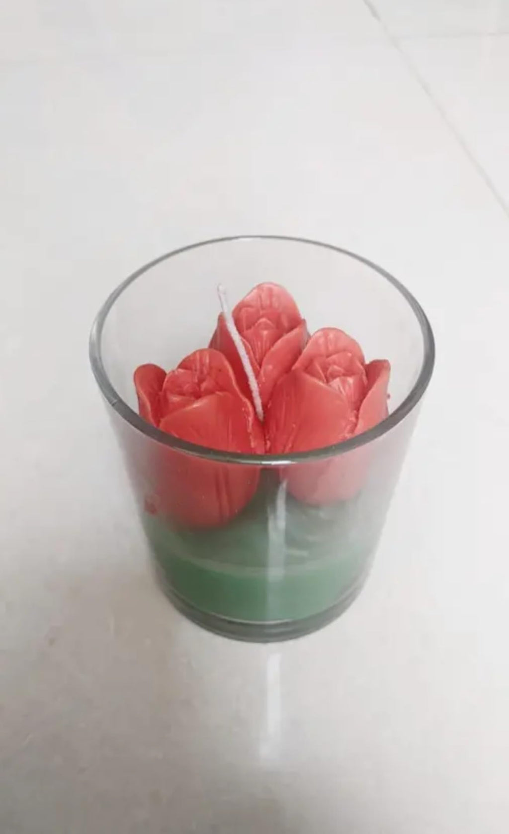 Decorative Red Rose Candle in Glass Votive, Floral Scented, Green Base