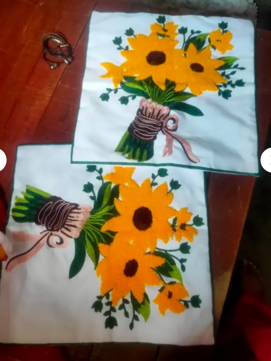 Sunflower Bouquet Embroidered Throw Pillow Covers, White, Floral, Set of 2