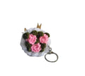 Handmade Crochet Cloud Keychain with Pink Roses and Green Leaves, White Cotton, Decorative Bag Charm
