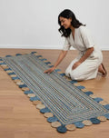 Braided Jute Handmade Runner Rug, Blue and Natural, Decorative Circle Border, Bohemian Style
