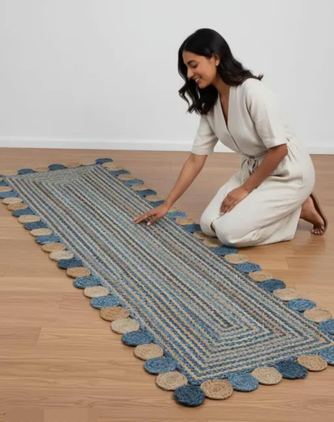 Braided Jute Handmade Runner Rug, Blue and Natural, Decorative Circle Border, Bohemian Style