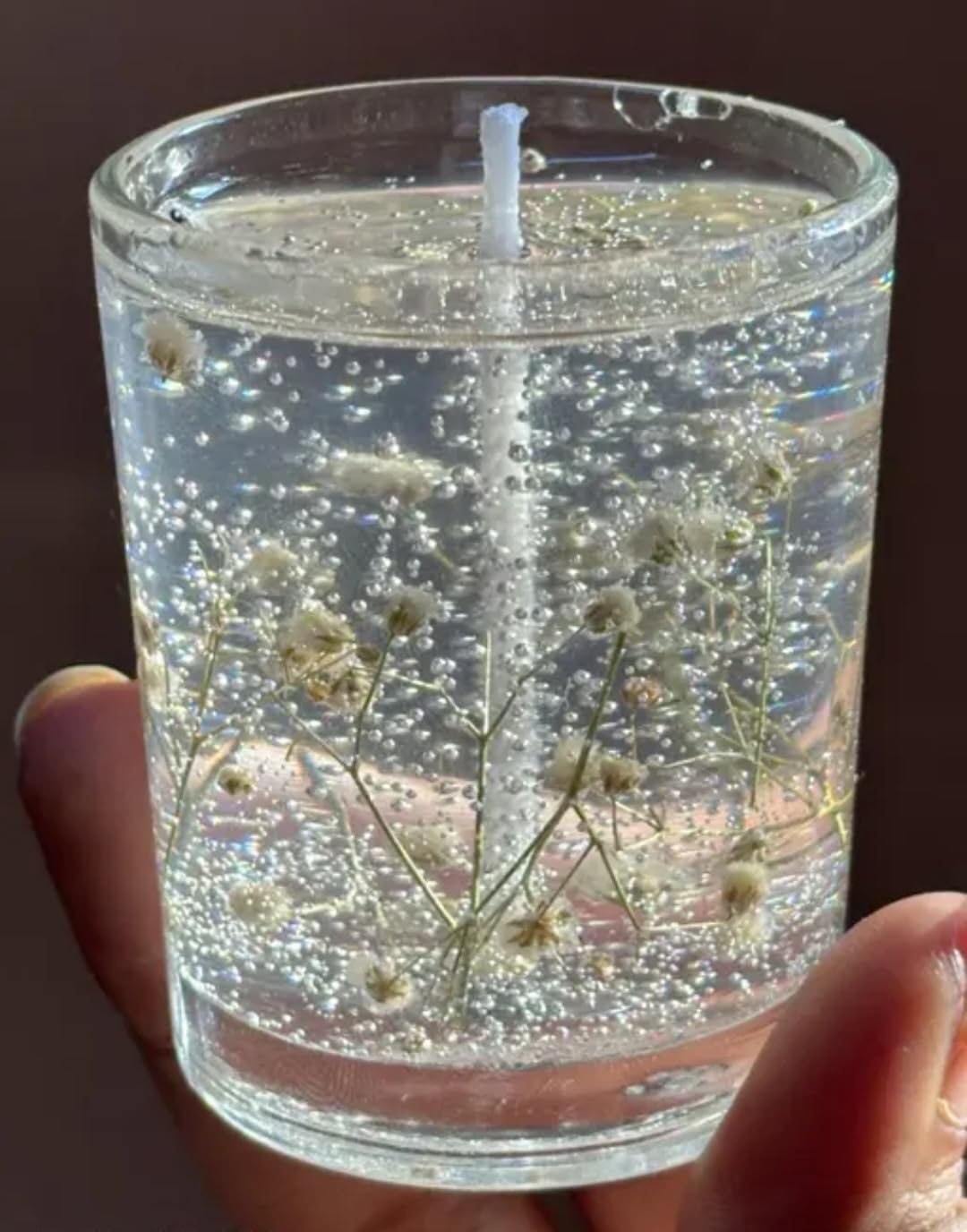 Gel Candle with Dried Baby's Breath Flowers, Clear Glass Votive, Botanical Floral Design