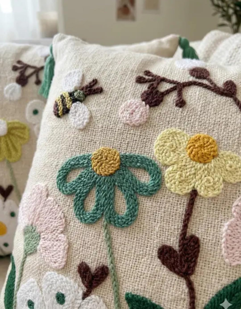 Handcrafted Embroidered Floral Throw Pillow Cover with Tassels, Bee and Flower Garden Design, Boho Style, Cream, 1 piece