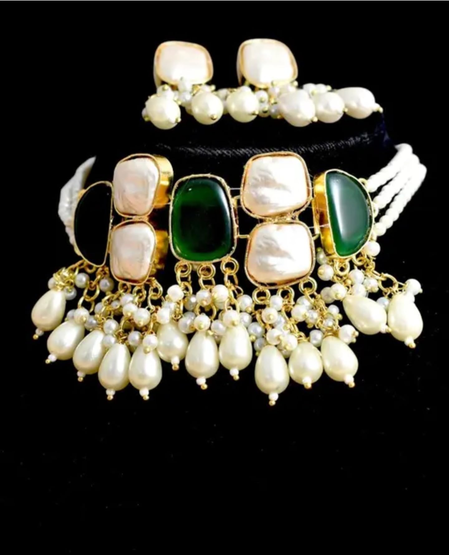 Elegant Pearl Choker Necklace with Green Stones and Pearl Drops, Traditional Indian Style, Gold-Plated, wedding jewelry set
