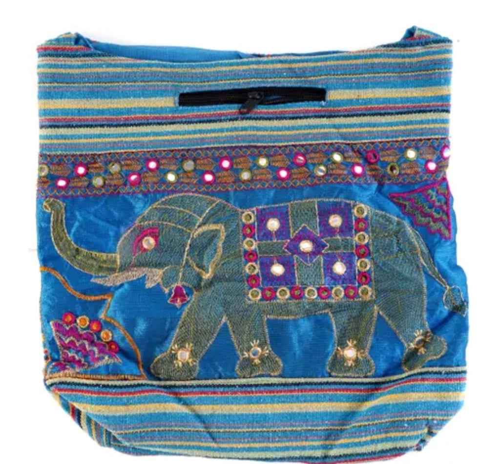 Bohemian Crossbody Bag, Blue Striped with Embroidered Elephant Design, Mirror Work, Handcrafted