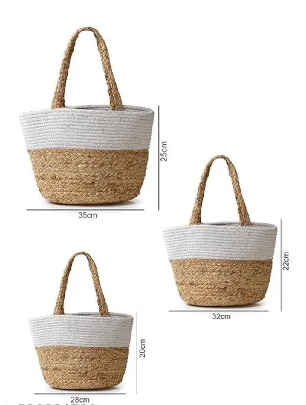 Woven Rope Storage Basket Set, Natural Jute and Cotton, Two-Tone White and Beige, Braided Handles