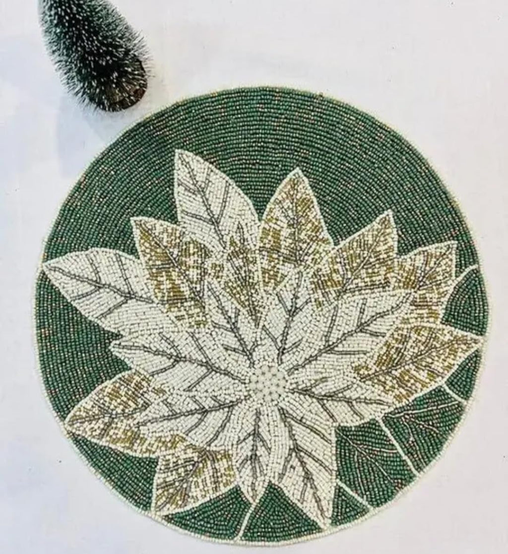 Beaded Round Placemat, Green and White Poinsettia Design, Handcrafted Holiday Table Decor