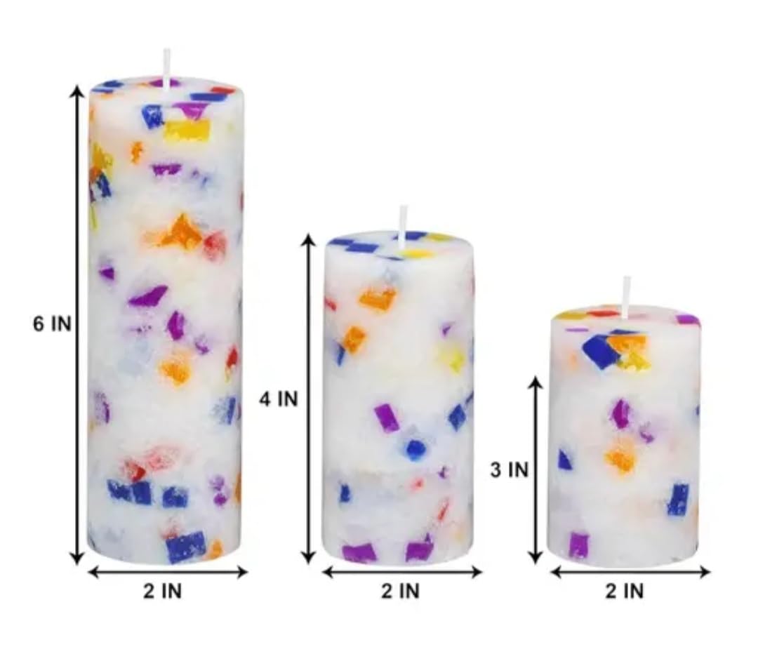 Colorful Confetti Pillar Candles, White Wax, Multicolor Mosaic Design, Set of 3, Home Decor