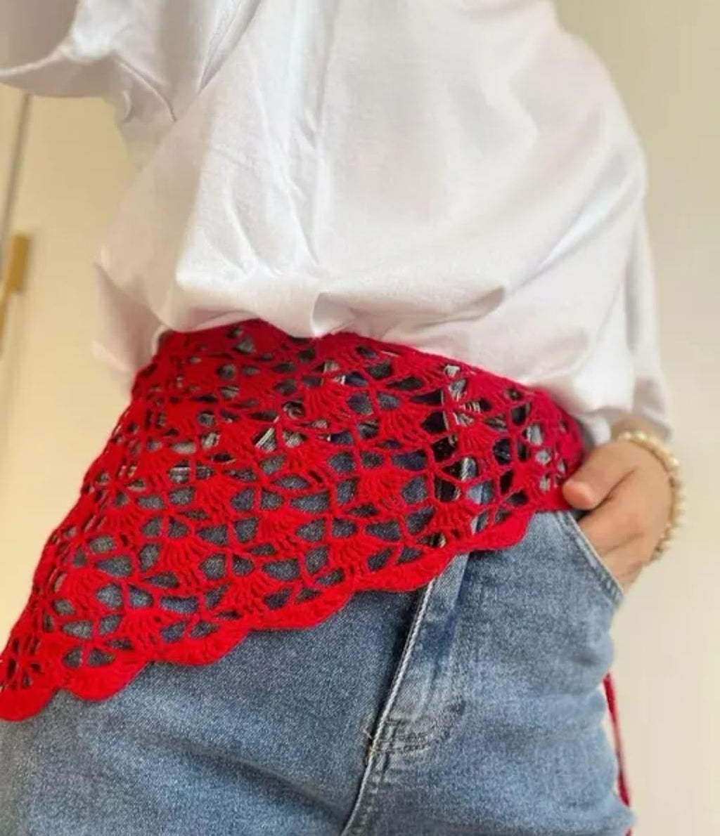 Red Crochet Headband, Lace Floral Pattern, Boho Hair Accessory for Women