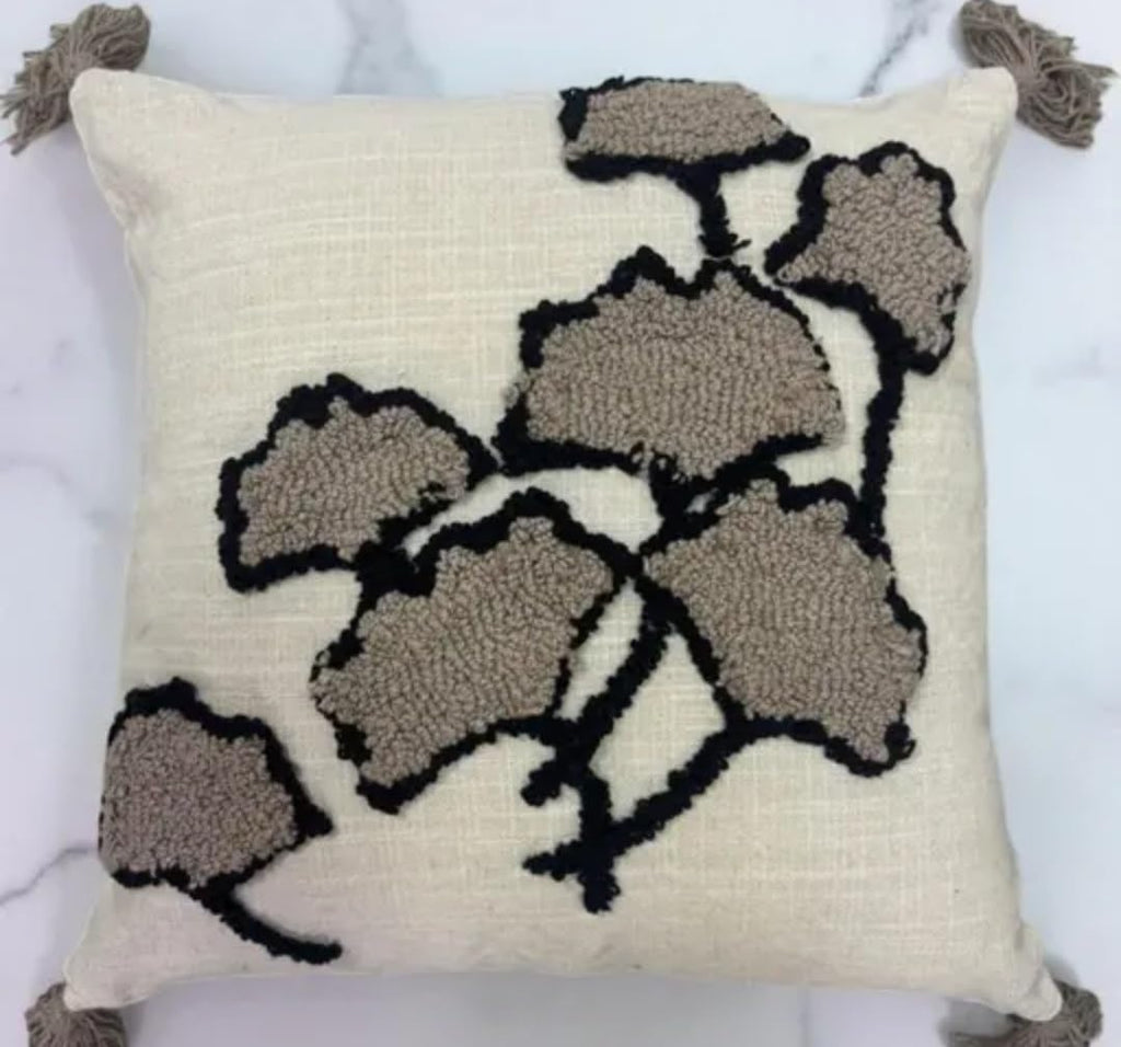 Embroidered Tree Throw Pillow Cover with Tassels, Cream and Beige, Decorative Cushion Cover for Sofa