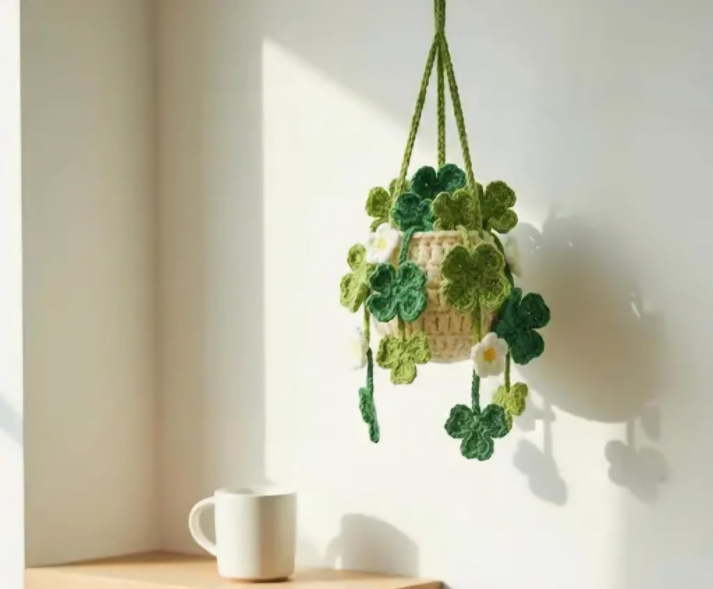 Crochet Hanging Basket Planter, Green Clover and White Flower Design, Handmade Knit Home Decor