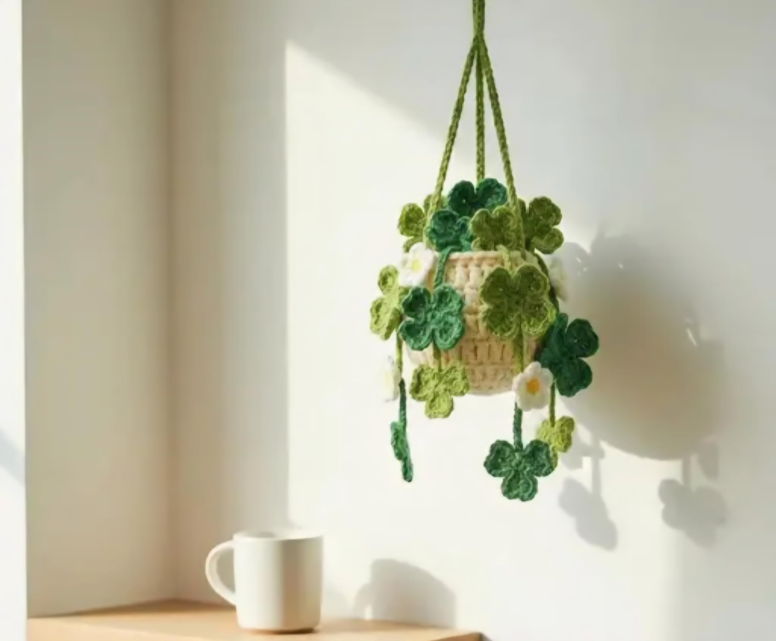Crochet Hanging Basket Planter, Green Clover and White Flower Design, Handmade Knit Home Decor