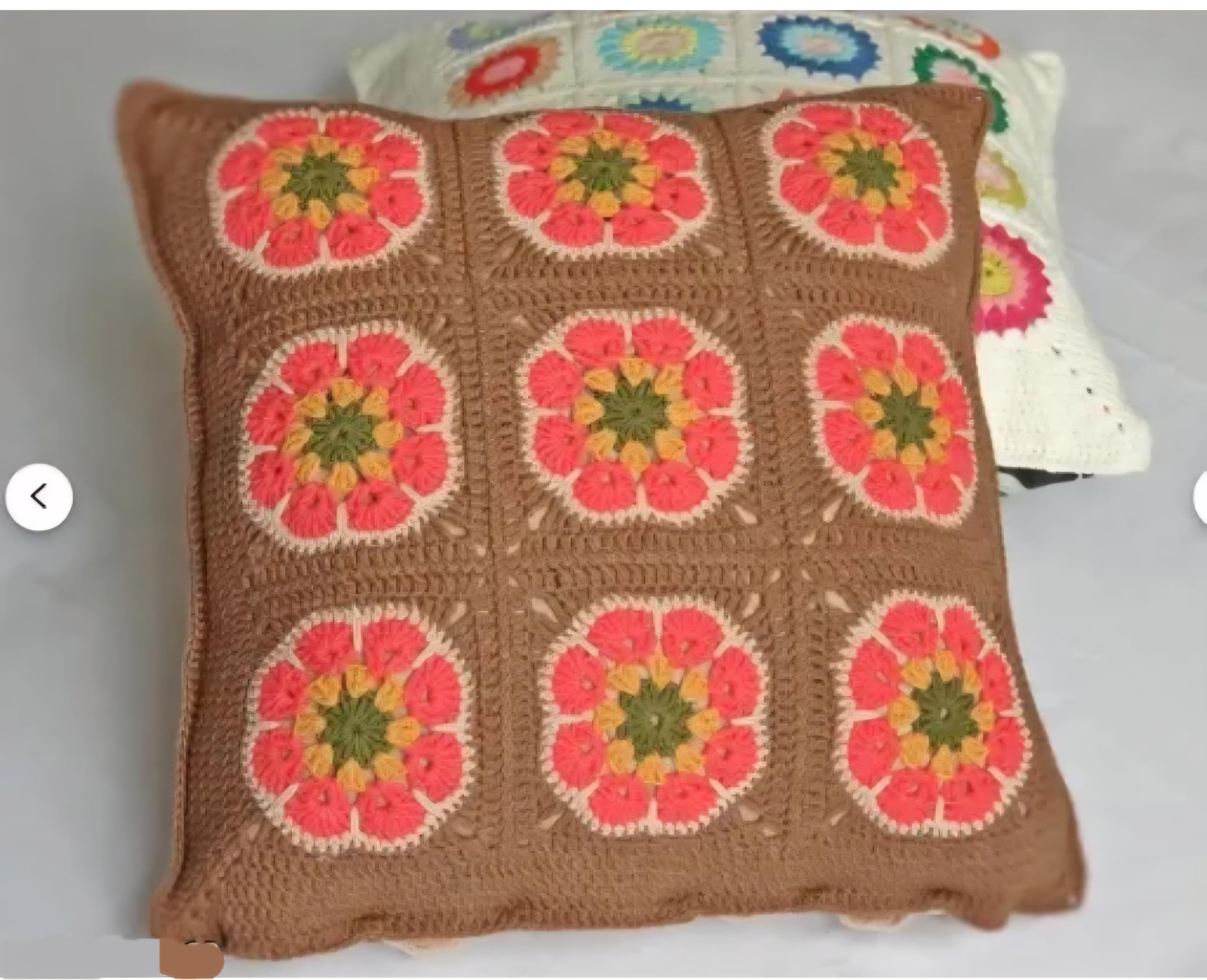 Handmade Crochet Throw Pillow Cover, Granny Square Floral Pattern, Brown and Coral