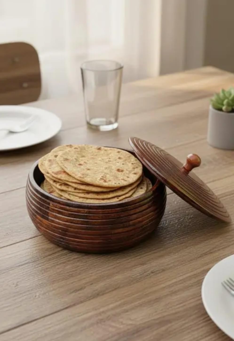 Wooden Bowl with Lid, Brown, Handcrafted Design, Ribbed Texture, Storage Container