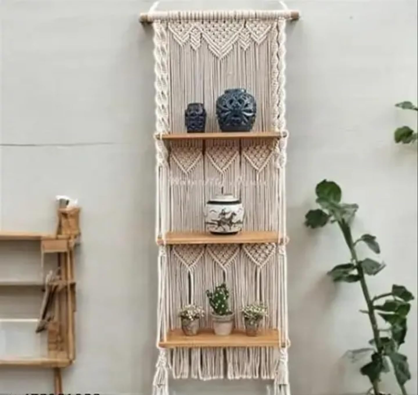 Macrame Wall Hanging Shelf, 3-Tier Wooden Display Shelves with Decorative Woven Cotton Rope, Boho Home Decor