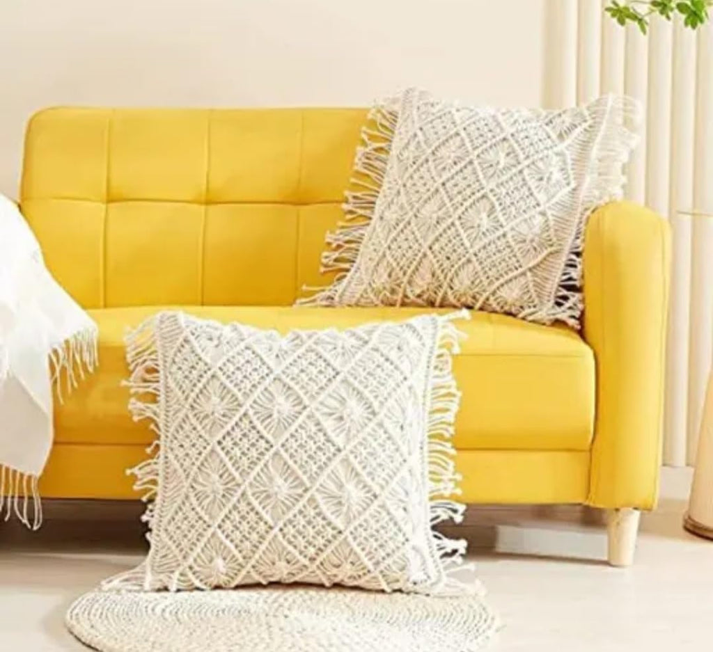 Macrame Throw Pillow Covers, Boho Cream Cotton Woven with Fringe Tassels