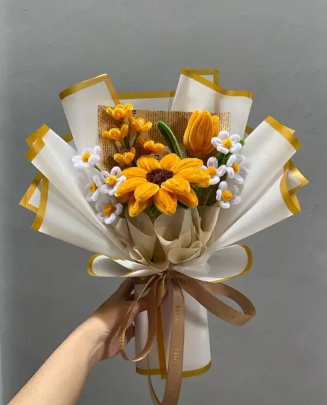Handmade Crochet Flower Bouquet, Sunflower, Daisy, and Tulip, Yellow and White, Knitted Floral Gift