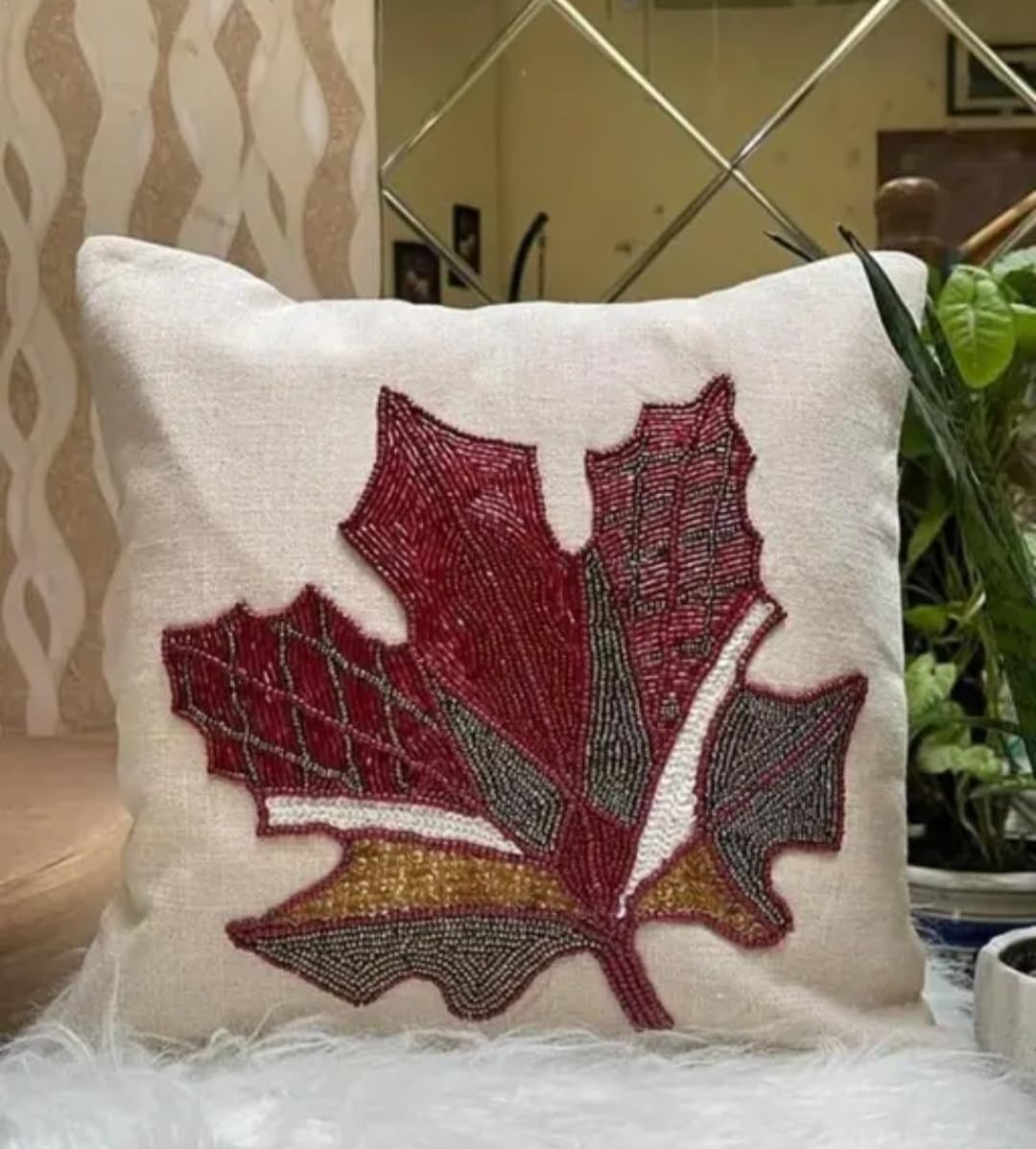Beaded Maple Leaf Throw Pillow Cover, Ivory, Handcrafted Embroidered Cushion, Autumn Botanical Theme