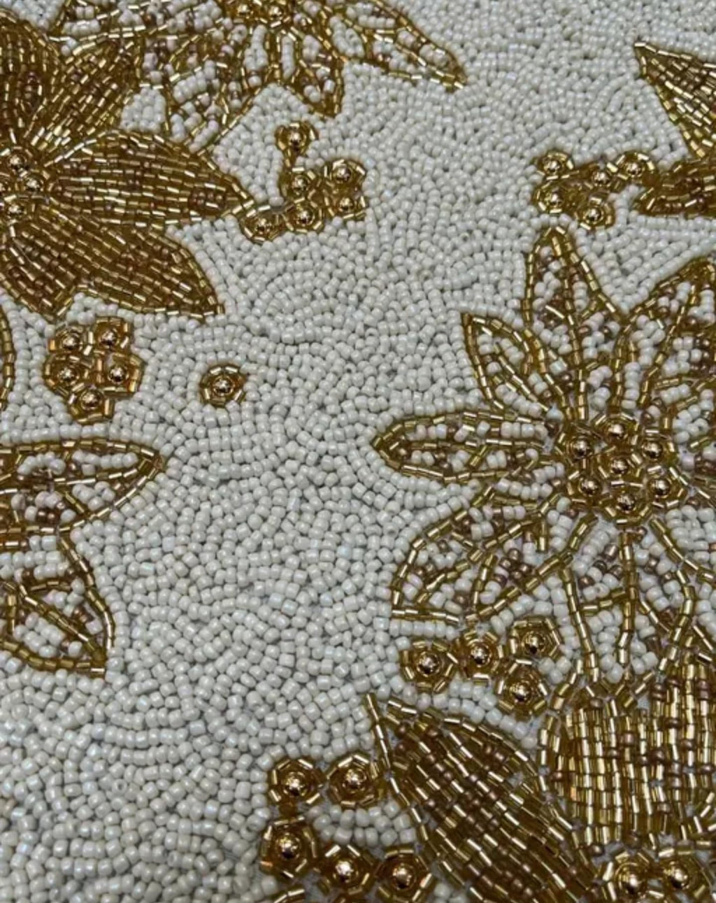 Beaded Table Runner, Gold Floral Design, White Background, Elegant Decorative Accent