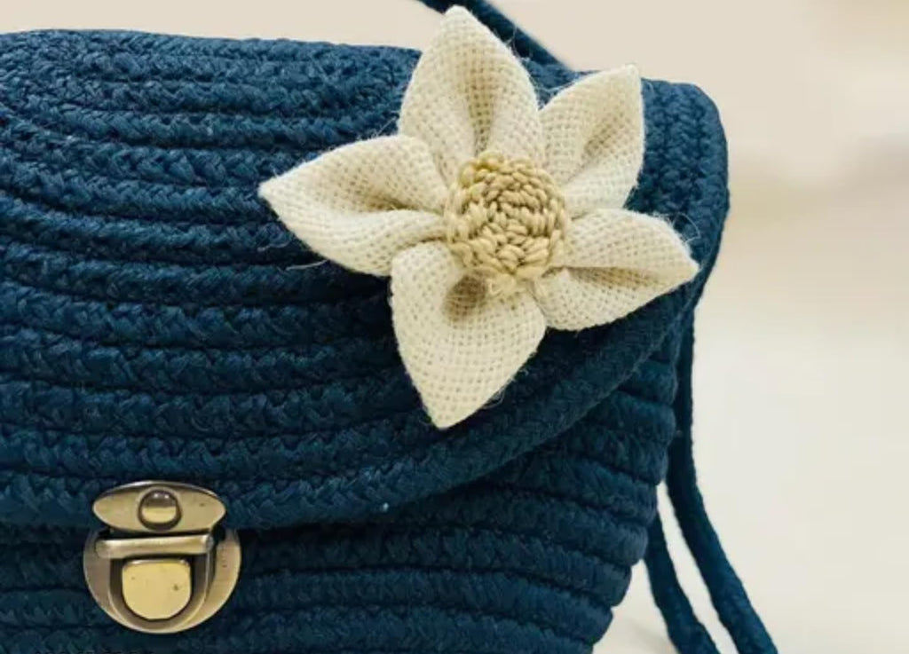 Handmade Crochet Crossbody Bag, Navy Blue with White Flower, Metal Clasp