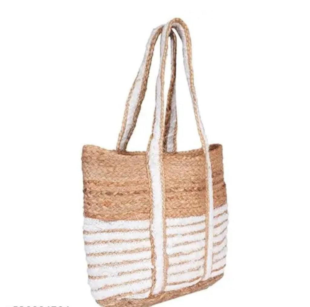 Handwoven Jute Beach Tote Bag, Natural and White Striped Pattern, Double Handle
