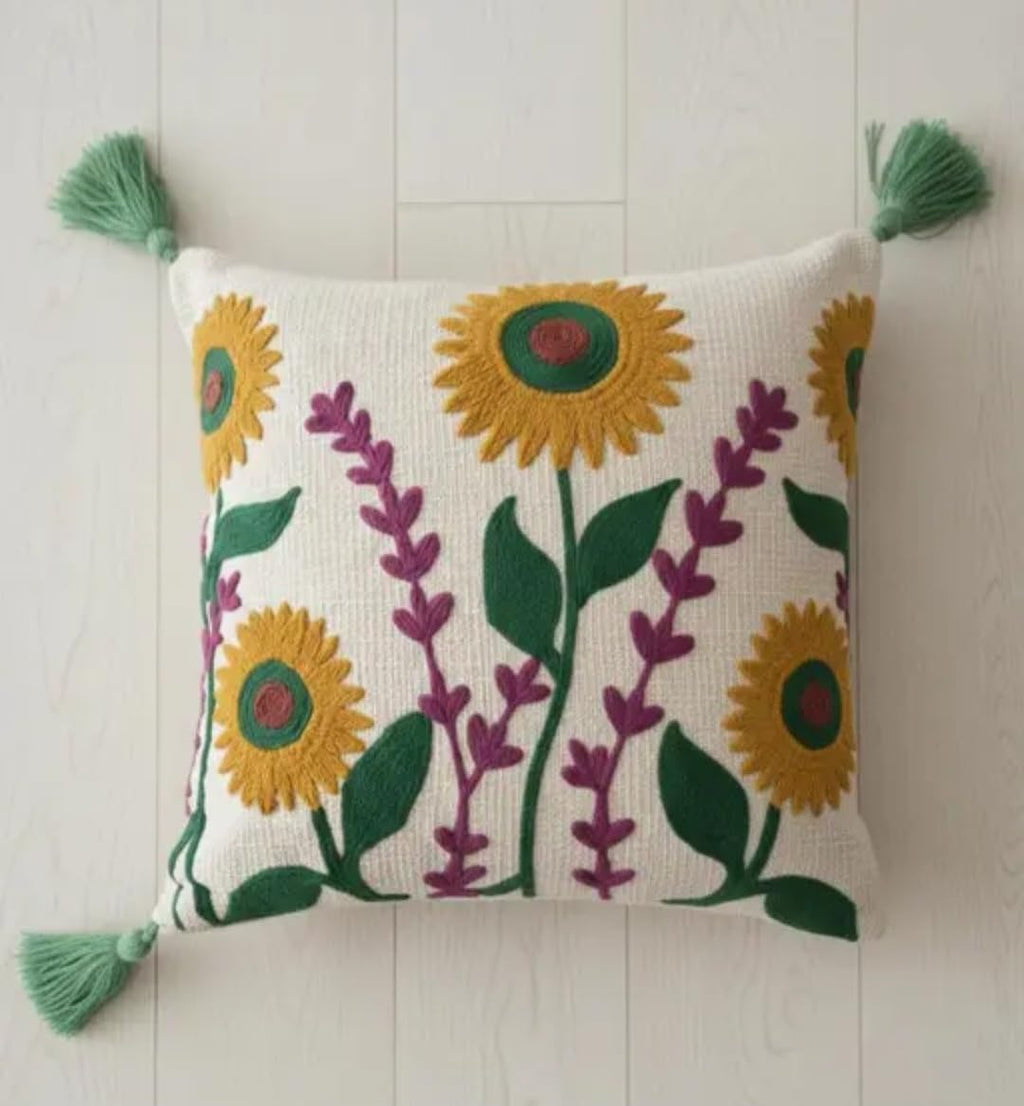 Handcrafted Sunflower Embroidered Throw Pillow Cover with Green Tassels, Floral Boho Style, Decorative Cushion Cover