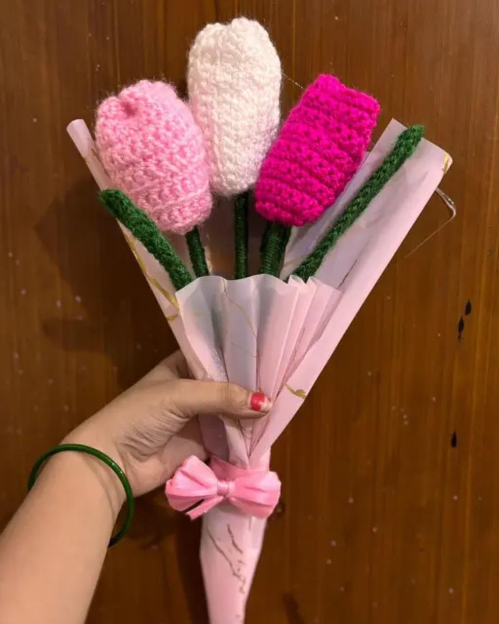 Handmade Crochet Tulip Bouquet, Pink, White, and Magenta, Knitted Artificial Flowers, Gift Bouquet