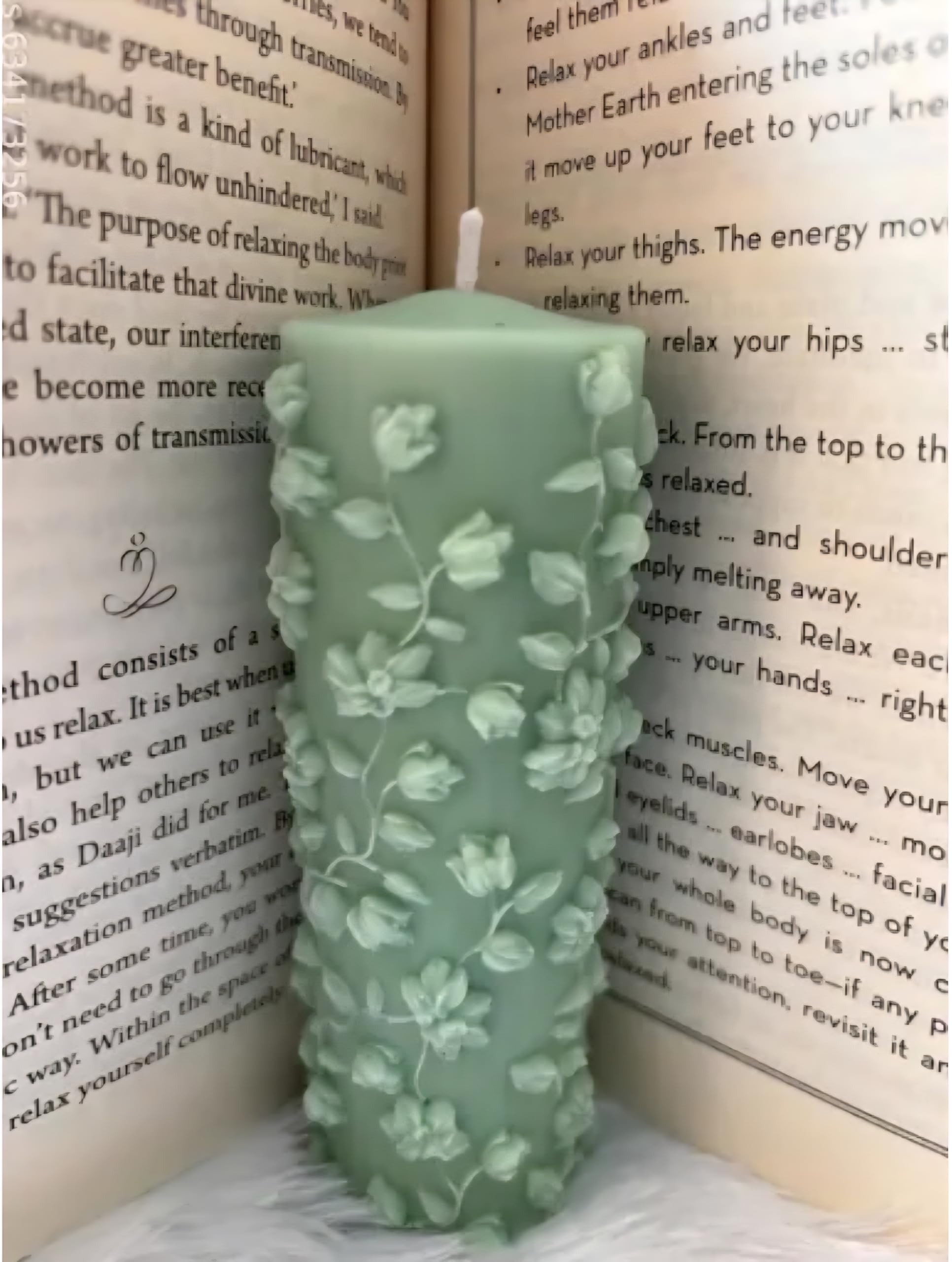 Floral Embossed Pillar Candle, Sage Green, Square Shape, Rose Vine Design, Home Decor