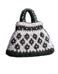Handmade Crochet Handbag, Green and White, Pearl Bead Embellishments, Floral Pattern, Knit Tote Bag