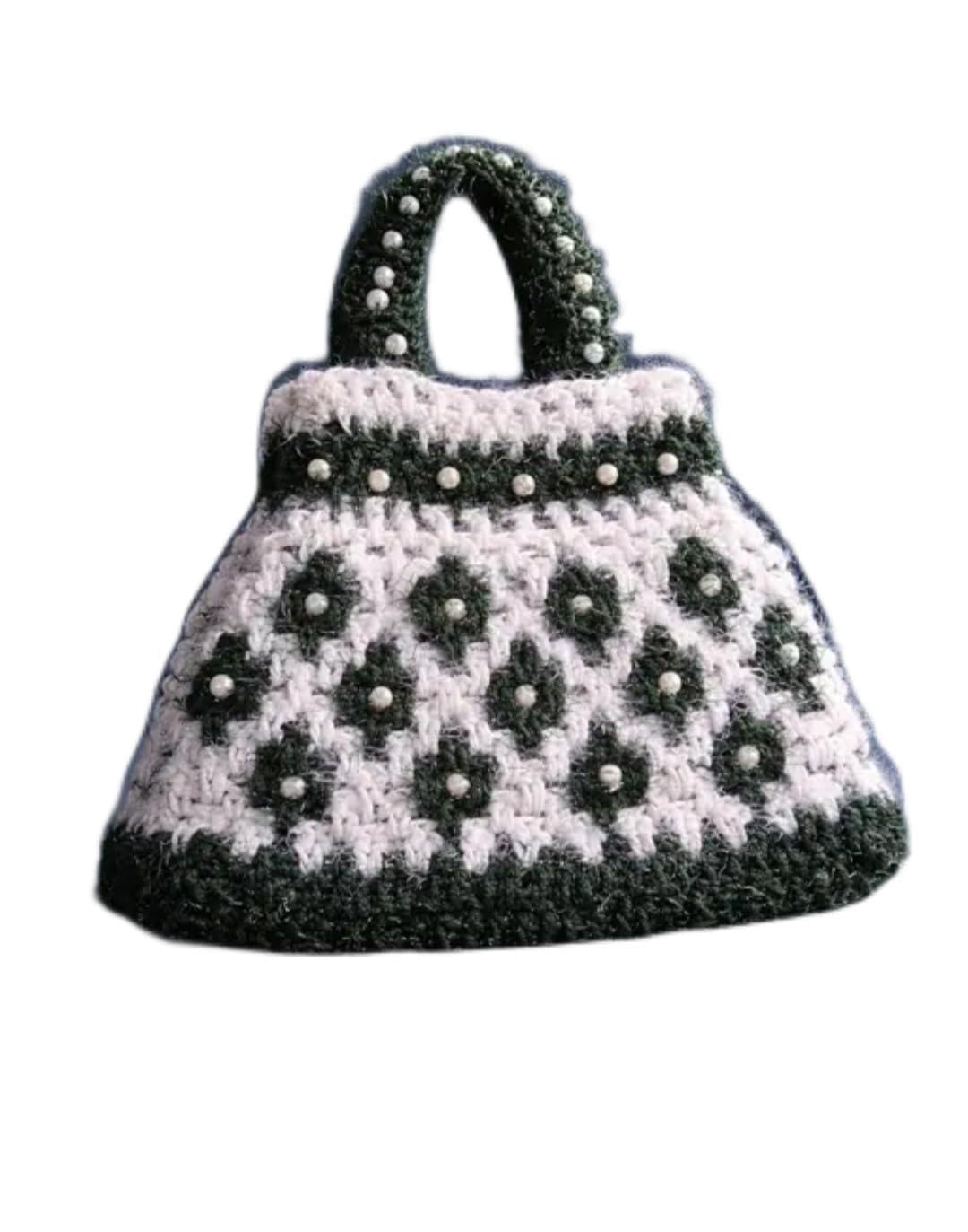 Handmade Crochet Handbag, Green and White, Pearl Bead Embellishments, Floral Pattern, Knit Tote Bag