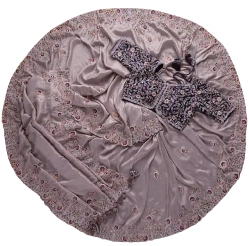 Elegant Floral Satin Saree, Silver Grey with Lace Trim, Special Occasion Baptism Gown