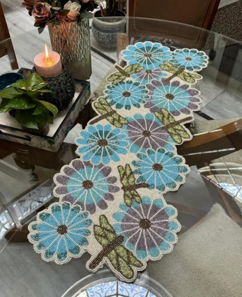 Beaded Table Runner with Floral and Dragonfly Design, Blue and Purple, Handcrafted