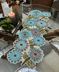 Beaded Table Runner with Floral and Dragonfly Design, Blue and Purple, Handcrafted