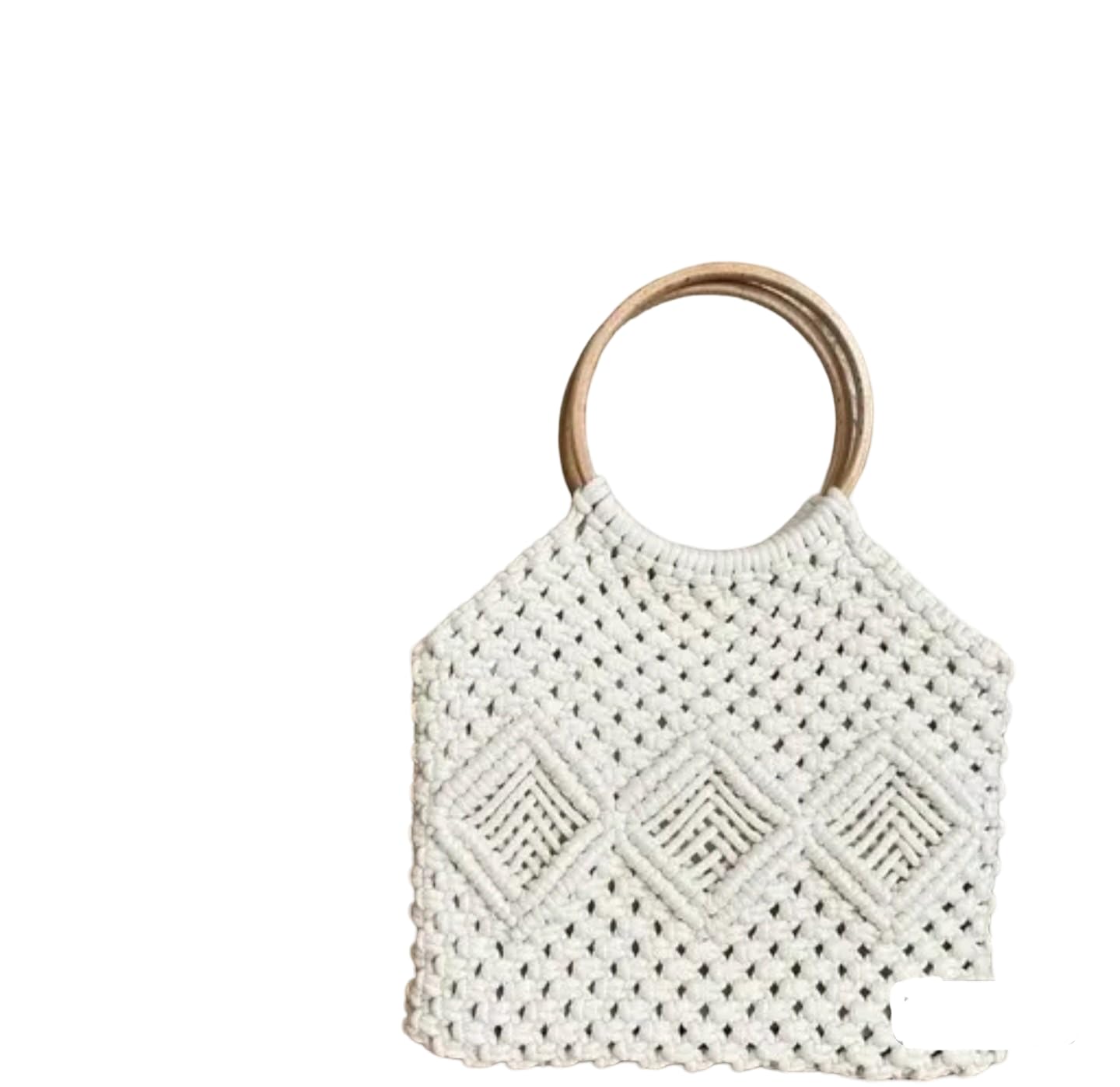 Handcrafted Macrame Wristlet Clutch with Wooden Ring Handle, White Cotton, Geometric Pattern
