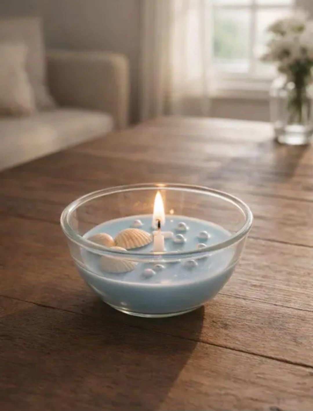 Ocean Scented Candle, Glass Bowl, Blue Wax with Seashells, Coastal Beach Theme Decor