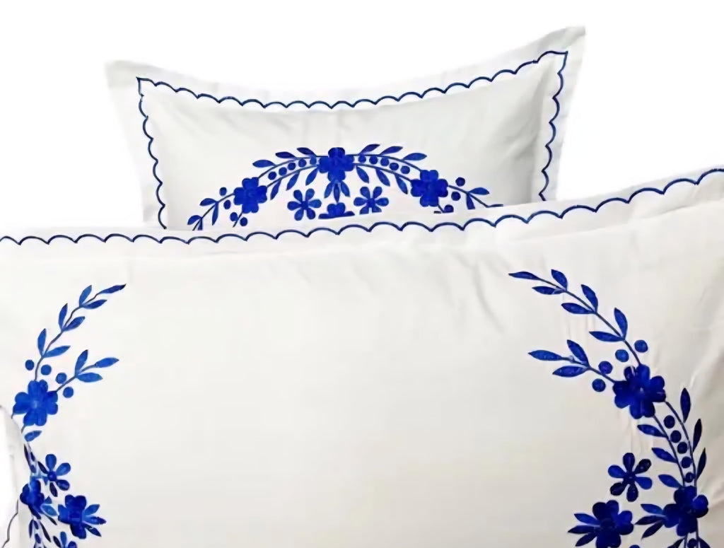 White Pillow Cover Shams with Blue Floral Embroidery, Scalloped Border, Set of 2