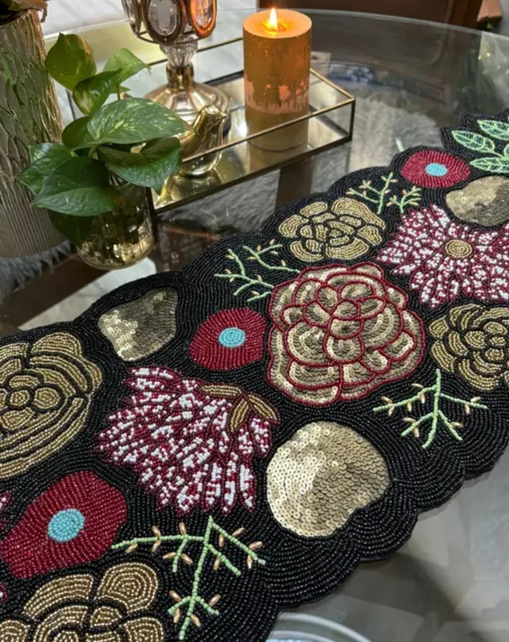 Beaded Handcrafted Runner, Floral Design, Multicolor, Embroidered Roses and Leaves Pattern