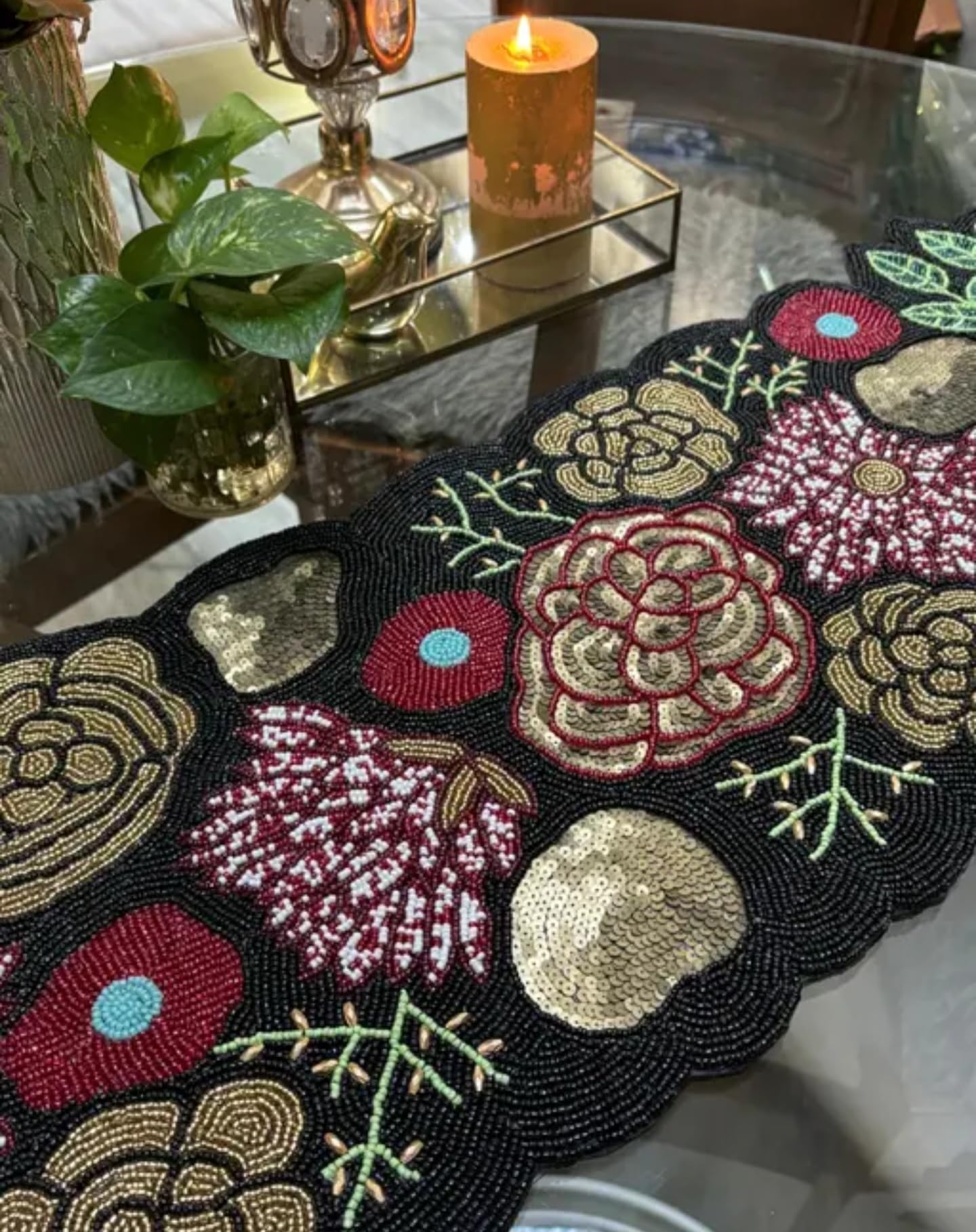 Beaded Handcrafted Runner, Floral Design, Multicolor, Embroidered Roses and Leaves Pattern